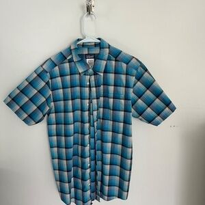 Patagonia Mens Button Up Shirt Short Sleeve Blue Plaid Medium